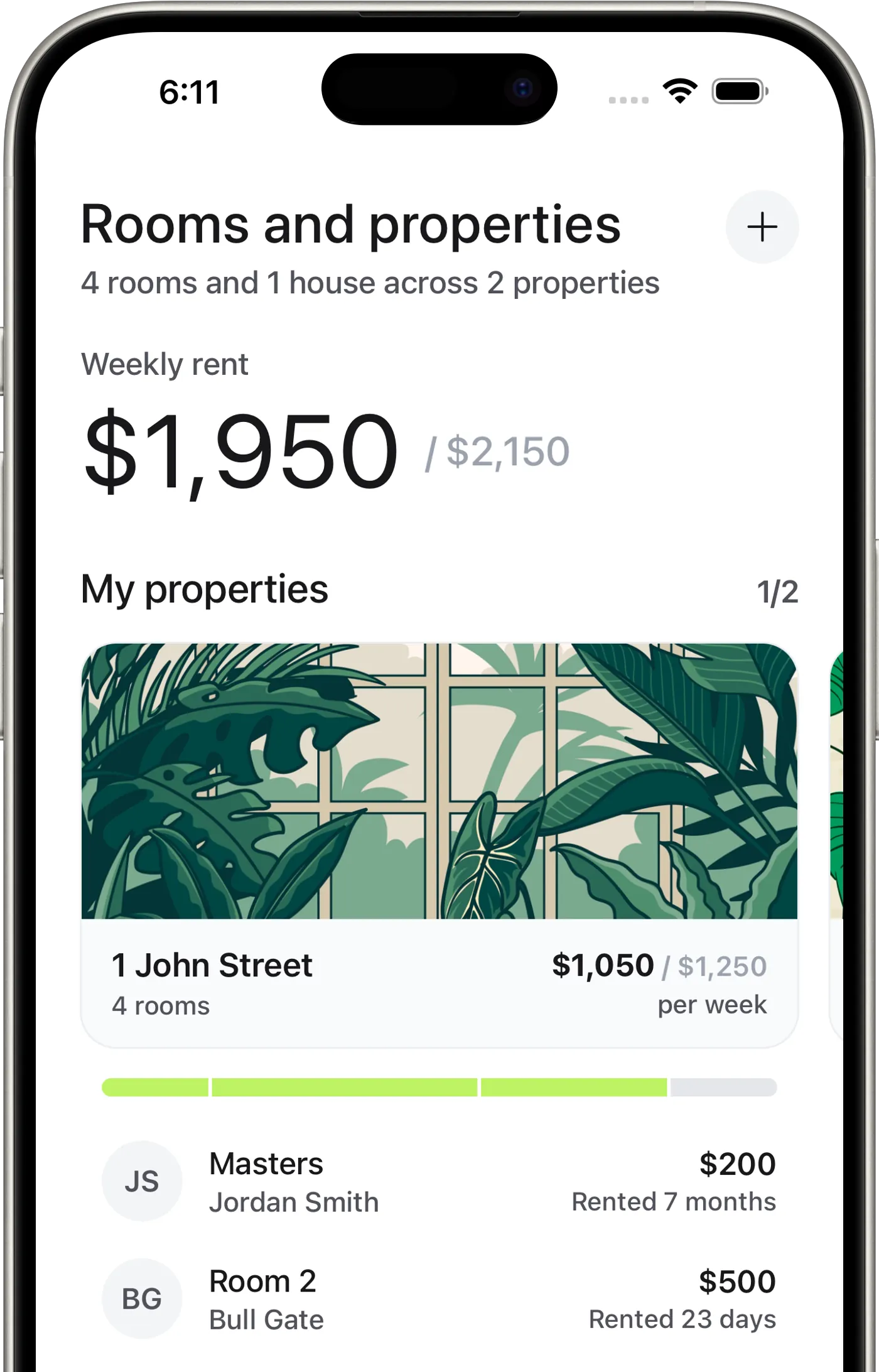 The Roomed app showing rooms and properties, with weekly rent and per-room tenants